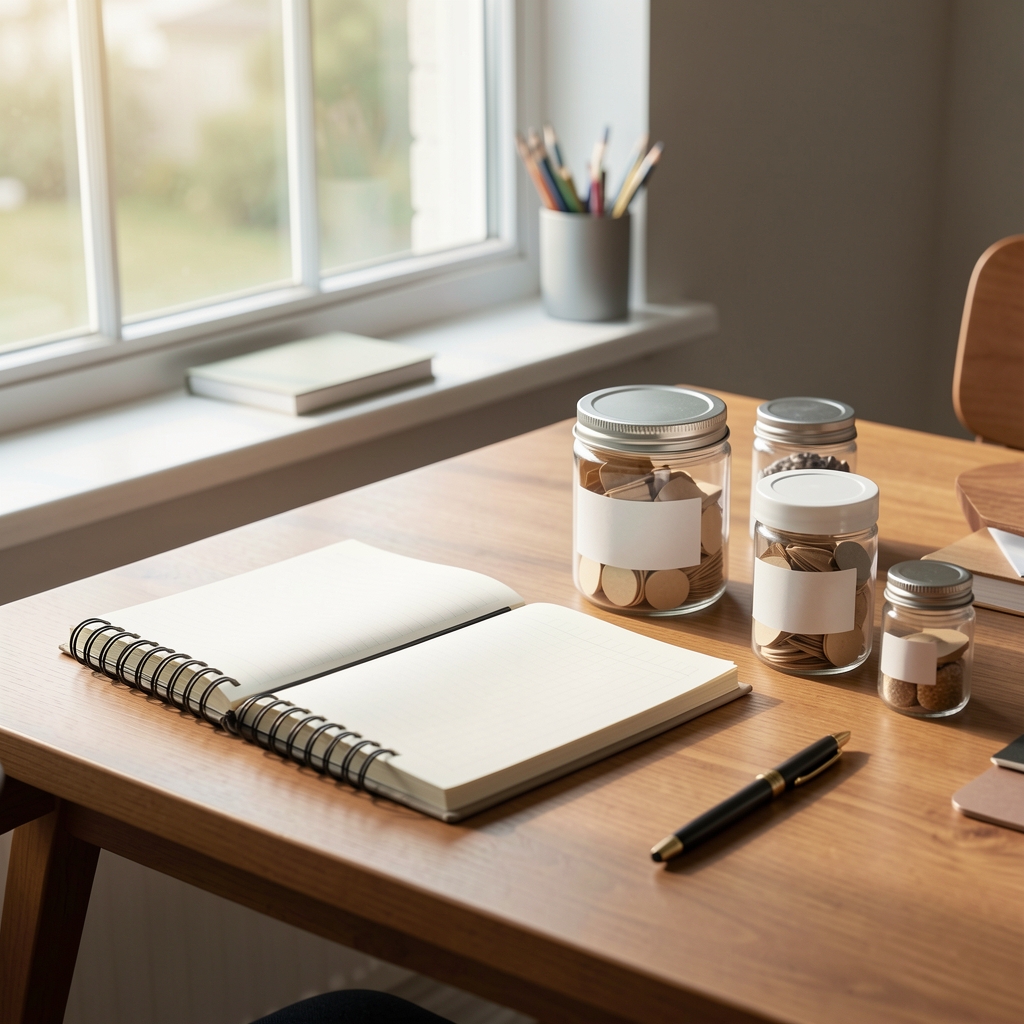 Notebook and supplement containers on a morning desk setup, natural window light