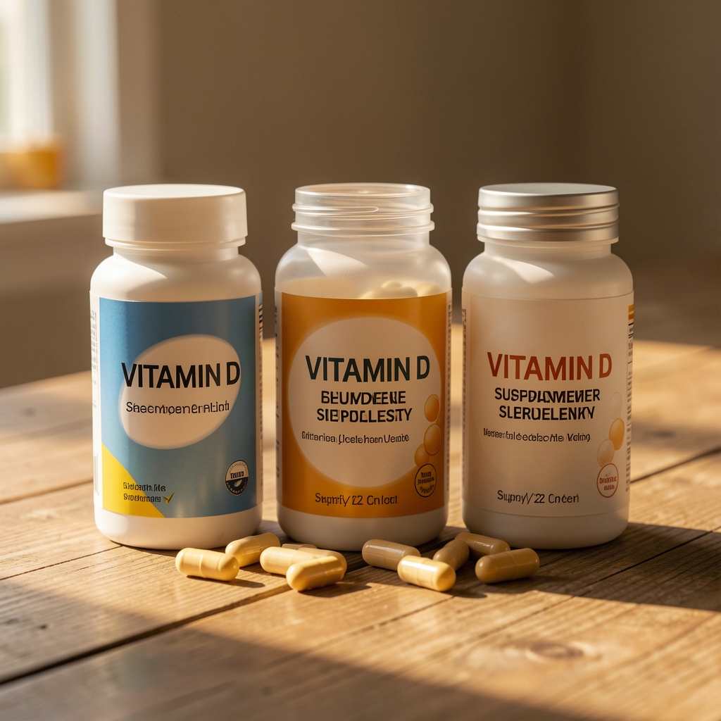 Vitamin D supplement containers arranged on a wooden surface in warm morning light