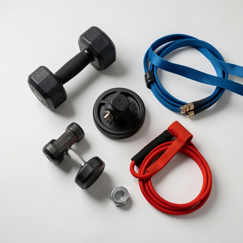 Weights and resistance bands on a clean studio surface, editorial overhead composition